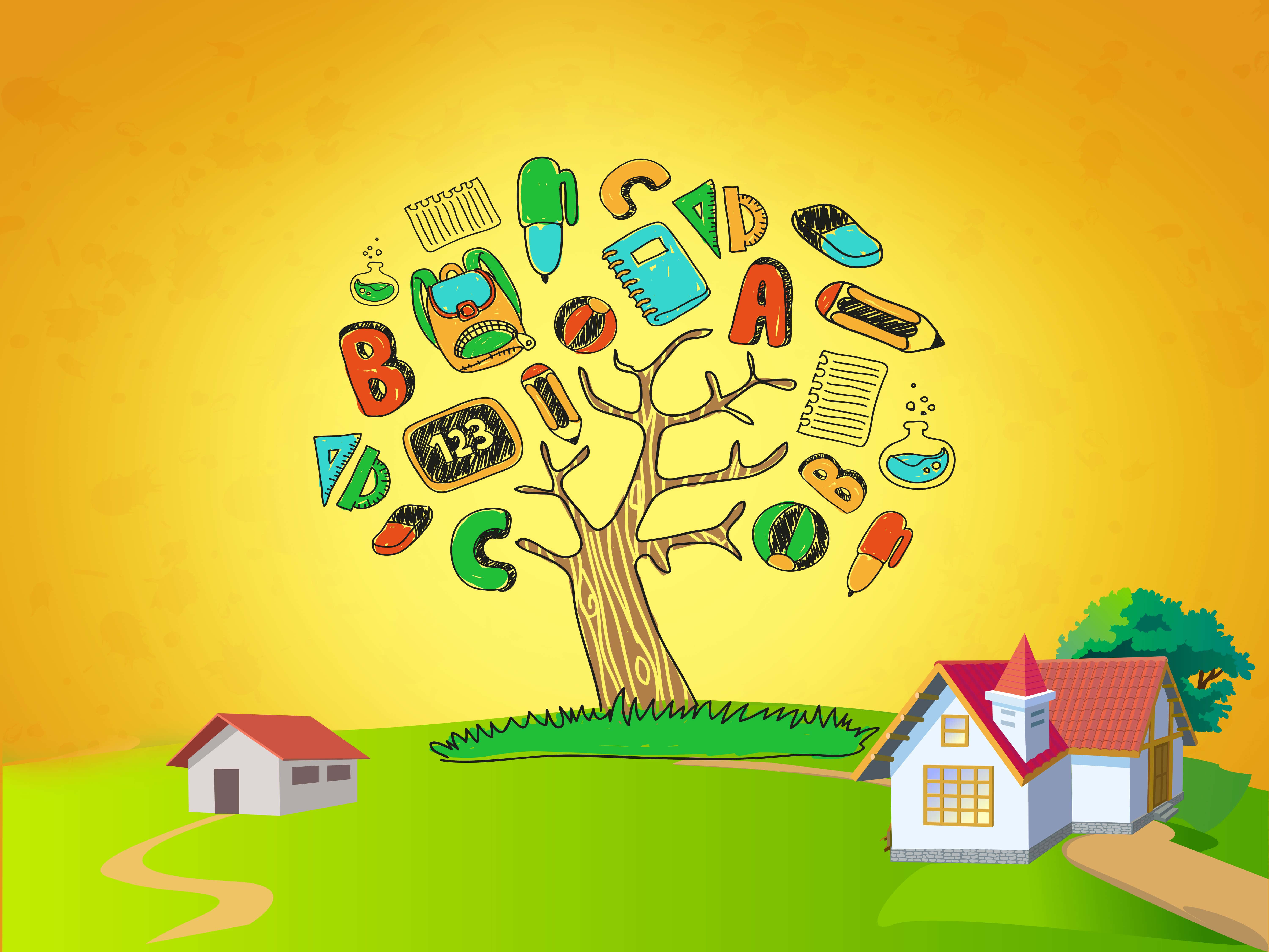 Education 桌布 壁紙 — 一棵奇特的卡通樹在綠色山丘上兩間房屋上方溫暖的黃色天空下，長出色彩繽紛的學校用品和字母。