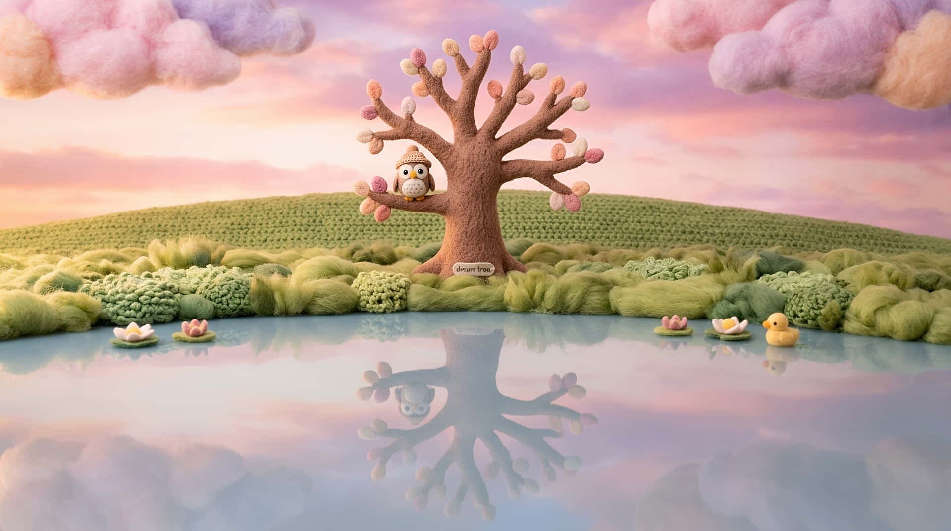 Whimsical Felted Dream Tree with Owl at Sunset 壁紙 — 一棵奇特的樹，開著粉紅色的花朵，一隻貓頭鷹棲息在平靜的池塘上方，池塘倒映著粉彩色的天空和蓬鬆的雲朵。