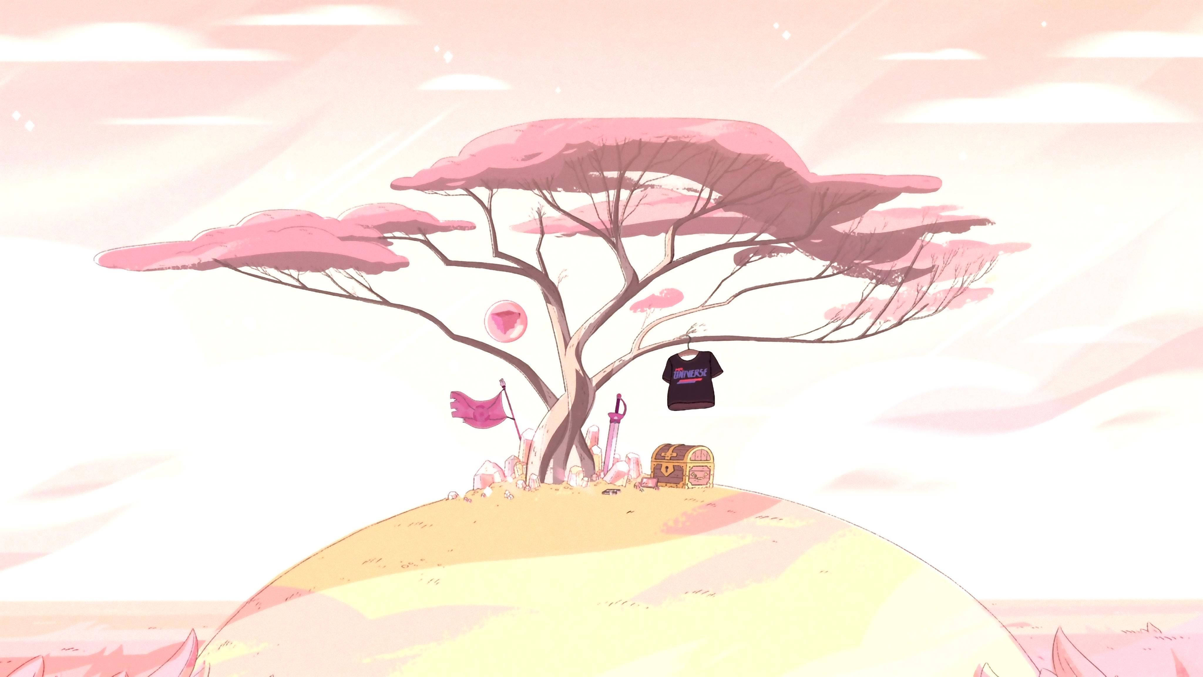 Cartoon Network 桌布 壁紙 — 一棵奇特的粉紅色樹木矗立在沙丘上，柔和的粉彩天空下，樹枝上掛著一個寶箱和衣服。