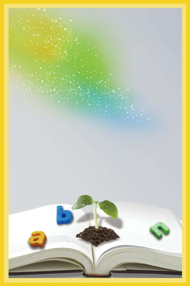 Garden 桌布 壁紙 — 一棵嫩苗從一本打開的書本上的泥土中發芽，周圍環繞著色彩繽紛的磁力字母，背景是閃閃發光的彩虹漸變。