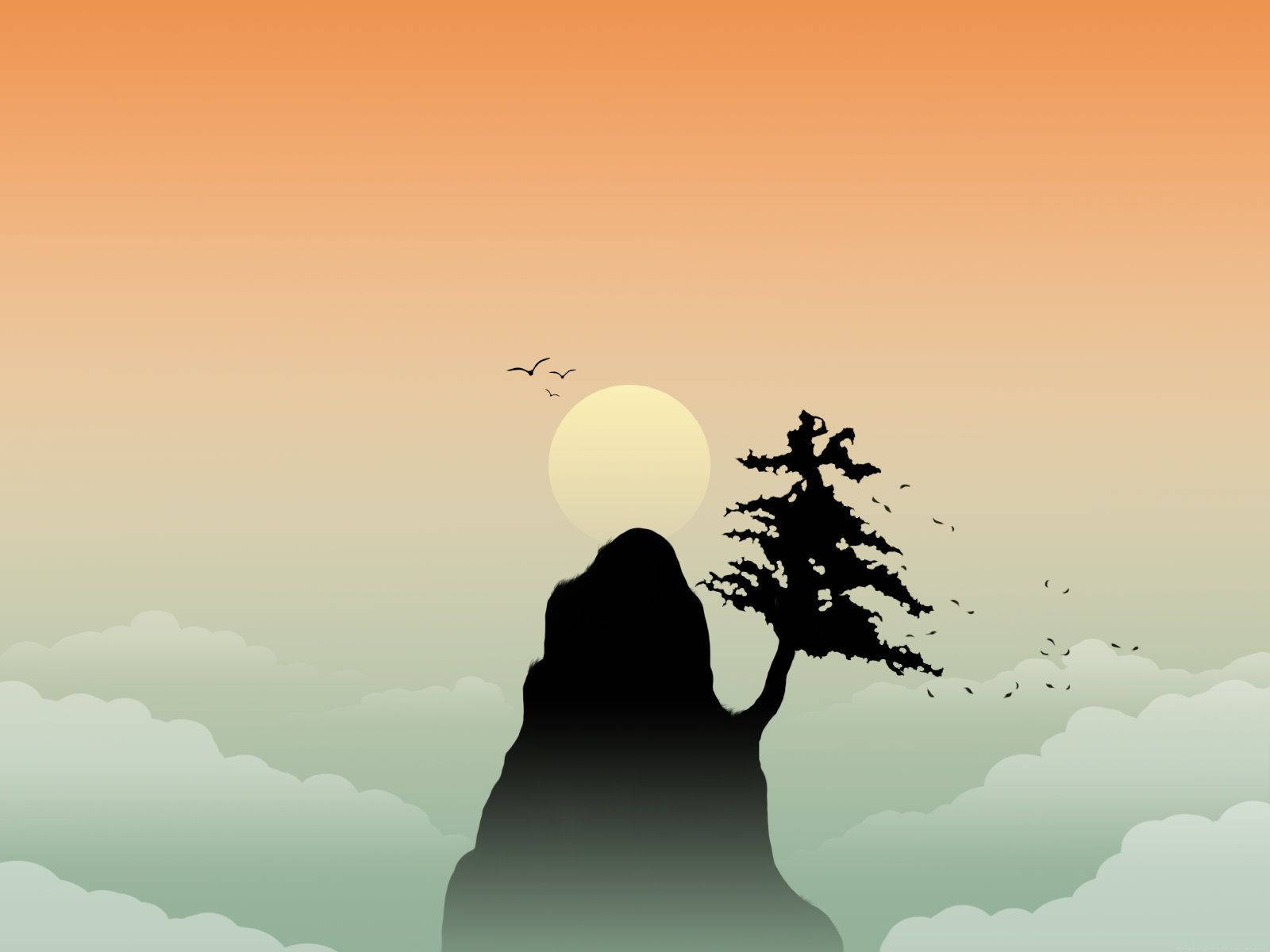禪 桌布 壁紙 — 一棵孤樹剪影在山頂上，背景是溫暖漸變的日落天空，鳥兒飛翔。