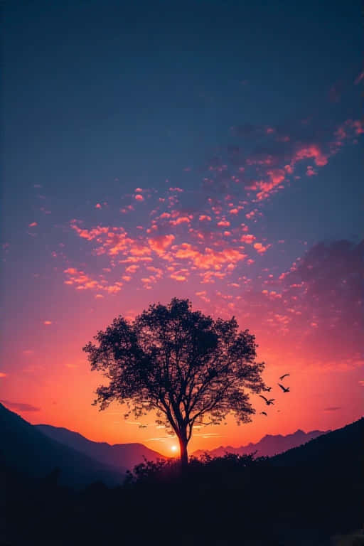 Cinematic Dusk Lone Tree at Sunset 4K 壁紙 — 一棵孤樹剪影映襯著充滿活力的日落天空，有粉紅色的雲彩和飛鳥越過山脊。