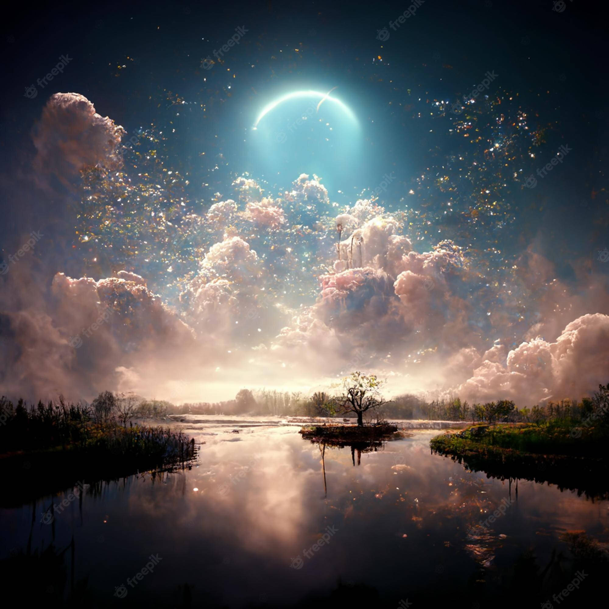 dreamy 桌布 壁紙 — 一棵孤樹在一個小島上，在平靜的水面上倒映，下方是發光的彎月和閃爍的雲彩。