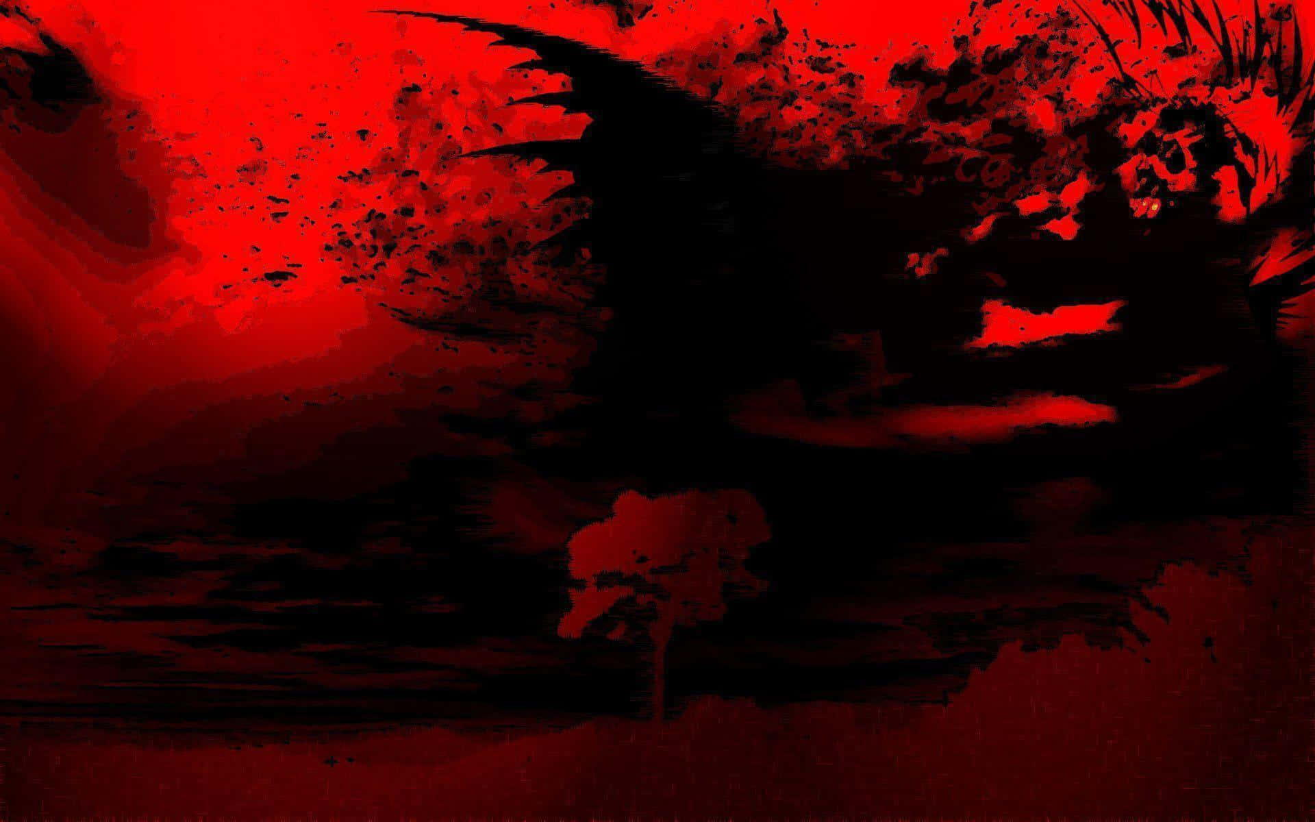 Blood Aesthetic 桌布 壁紙 — 一棵孤樹在強烈的紅色和黑色抽象天空背景下形成剪影，帶有飛濺的紋理。