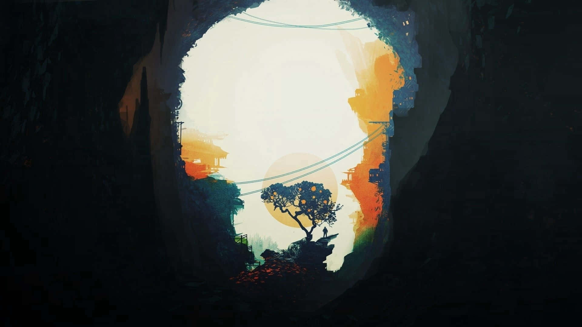 Minimalist Forest 桌布 壁紙 — 一棵孤樹在洞穴開口處形成剪影，展現出溫暖的日落天空，漂浮著球體和遠處的建築。