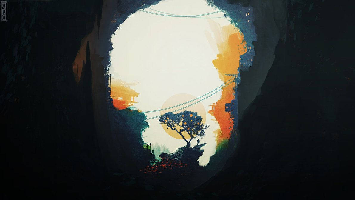 Deviantart 桌布 壁紙 — 一棵孤樹在洞穴開口處形成剪影，露出溫暖的日落天空，電線橫跨而過。