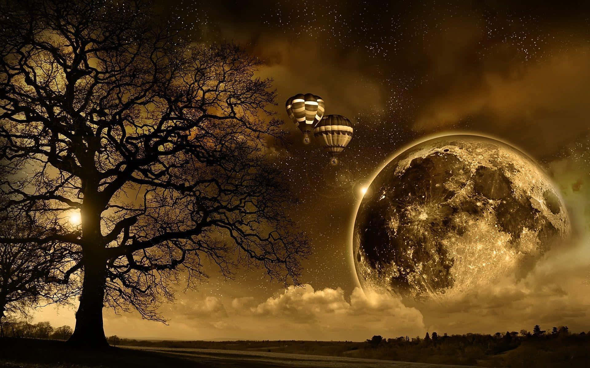 Dark Surrealism 桌布 壁紙 — 一棵孤樹在超現實的夜空襯托下形成剪影，發光的熱氣球漂浮在巨大而細節豐富的月亮附近。