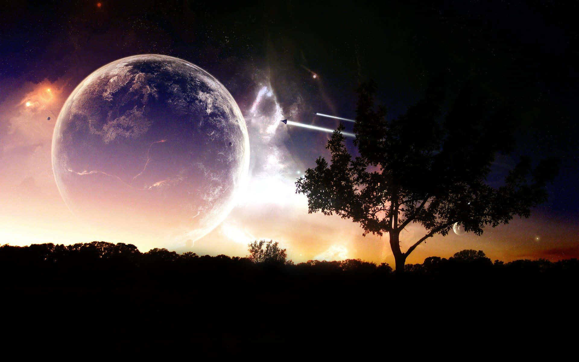 Universal 桌布 壁紙 — 一棵孤樹在超現實的日落中剪影，天空中有巨大的行星和發光的宇宙射線。