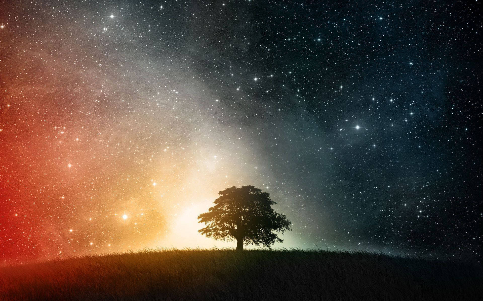 夜空 桌布 壁紙 — 一棵孤樹在長滿草的山丘上形成剪影，背景是充滿活力的星空，帶有宇宙紅和藍色漸變。