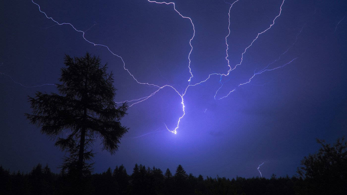 Storm 桌布 壁紙 — 一棵孤樹在黑暗天空下的剪影，多道鋸齒狀閃電以電光藍照亮夜空。