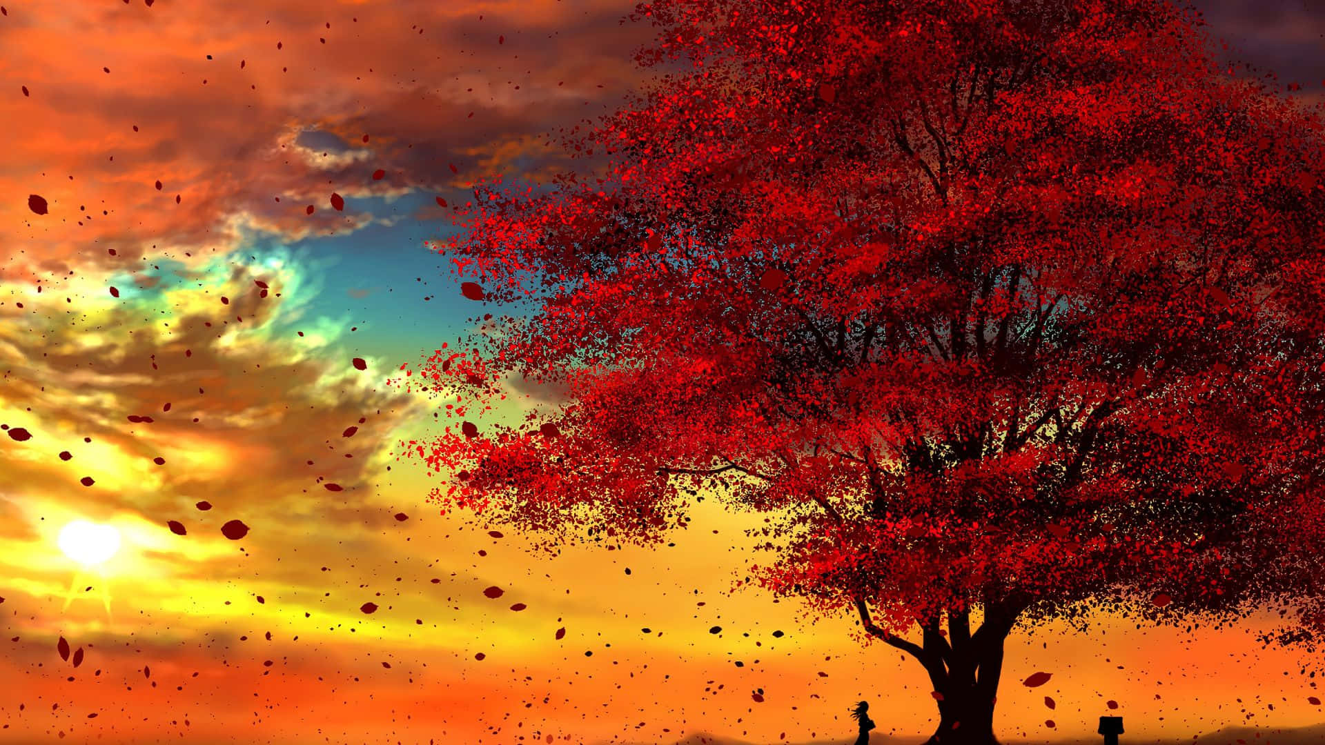 Fall Sunset 桌布 壁紙 — 一棵孤樹帶著火紅的葉子，在戲劇性的日落天空下矗立，落葉飄落在一個小人影周圍。