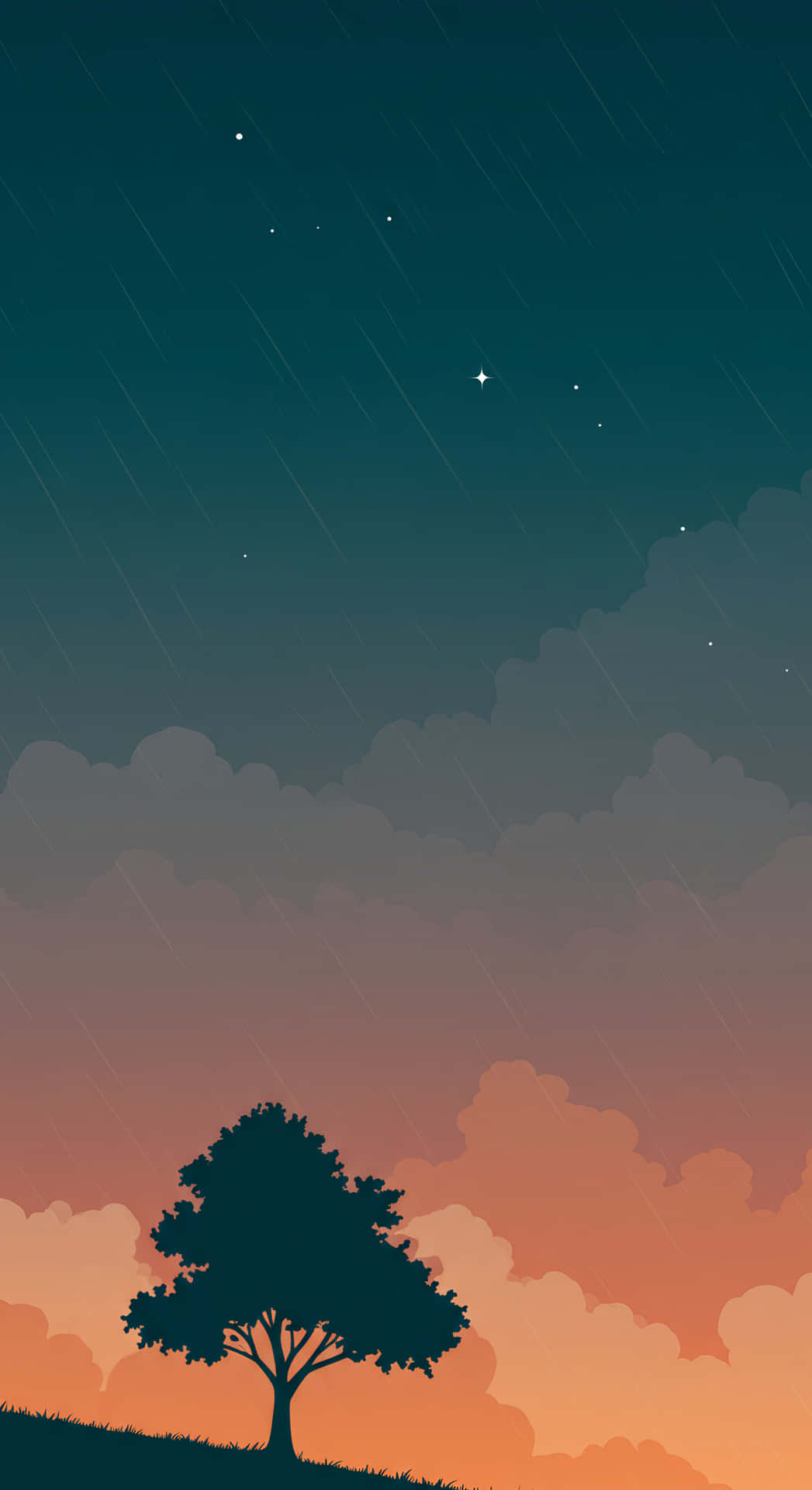 Rain Sunset Sky Minimalist 壁紙 — 一棵孤樹的剪影矗立在山丘上，背景是星空夜空，帶有雨絲和漸變雲層。