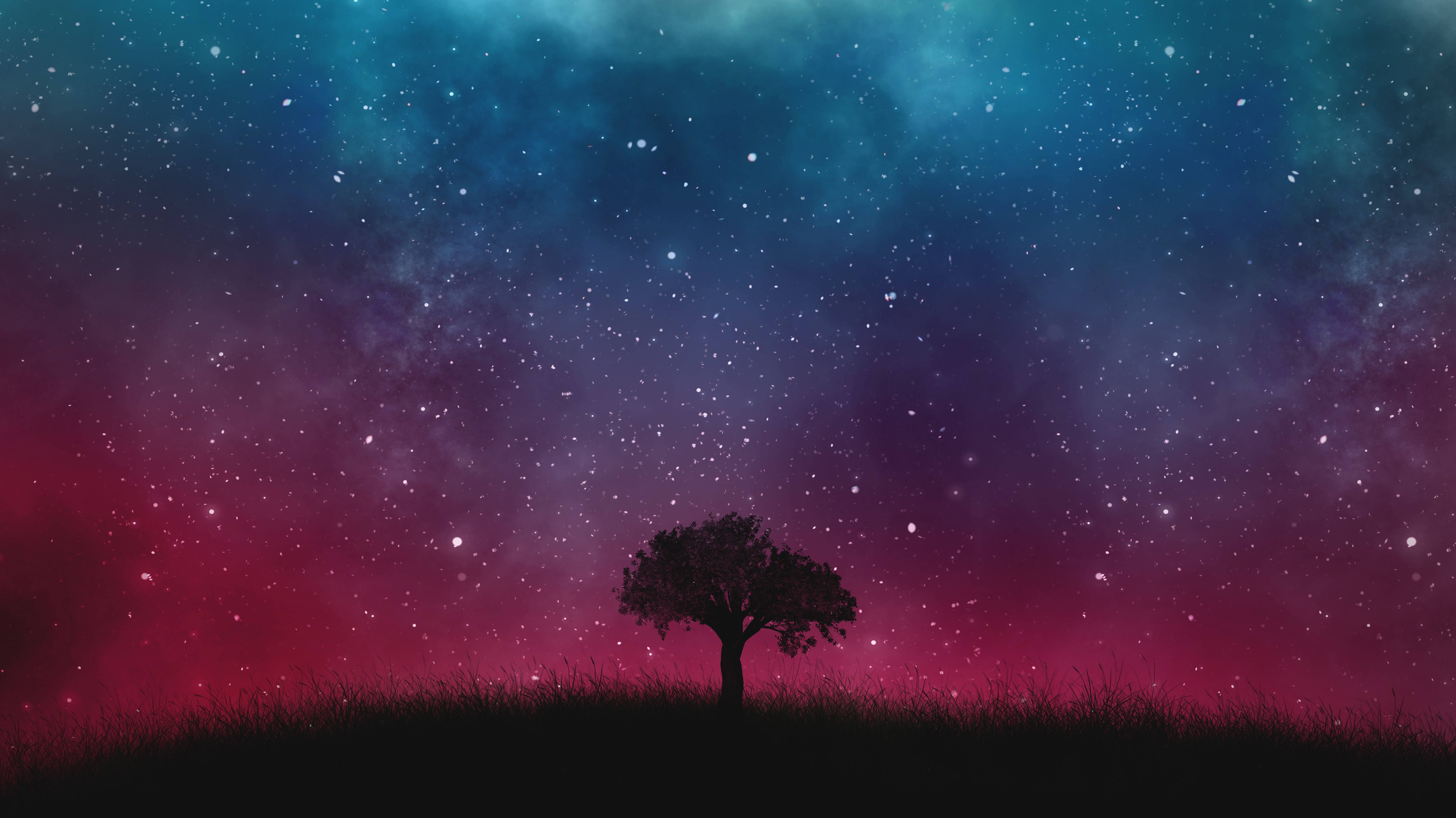 夜空 桌布 壁紙 — 一棵孤樹的剪影矗立在長滿草的山丘上，下方是充滿活力的宇宙天空，點綴著青綠色、紫色和洋紅色的星星。