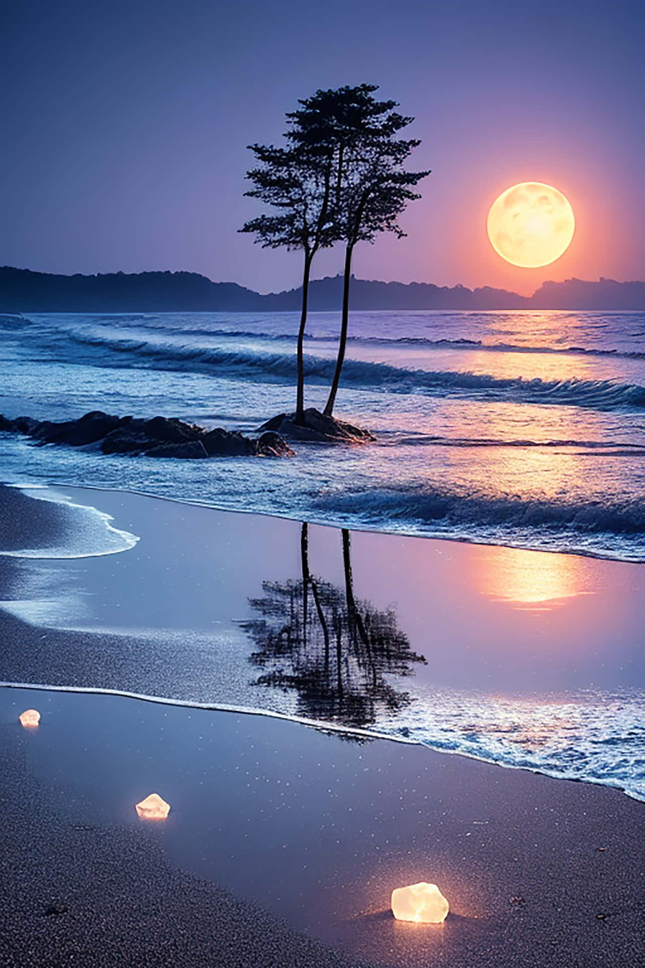 The beach stones, soaked in the moonlight, resemble a natural painting, shining with the serenity of 壁紙 — 一棵孤樹矗立在岩石海灘上，暮色中，一輪發光的滿月映照在濕沙上，旁邊是發光的燈籠。