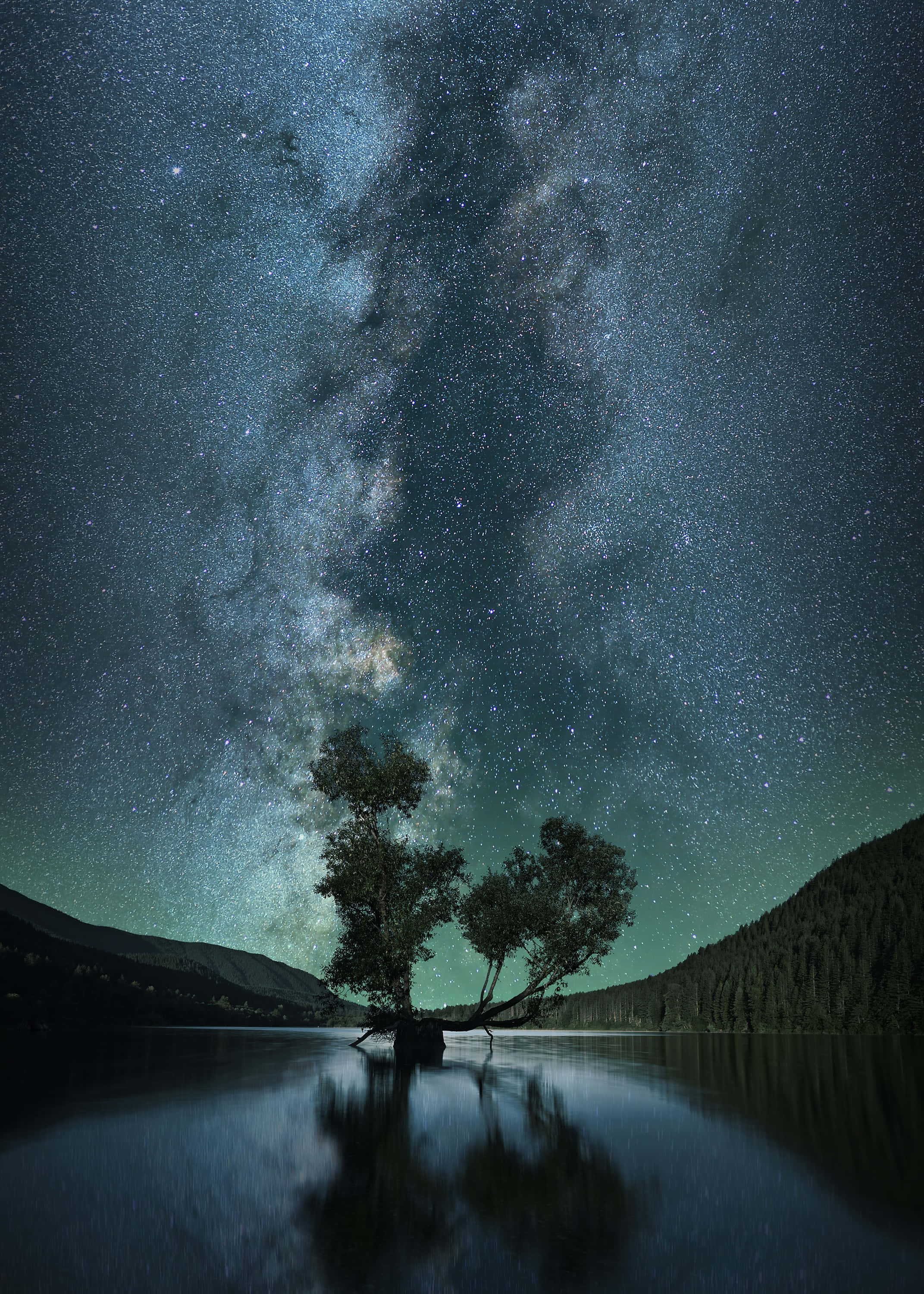 Lake 桌布 壁紙 — 一棵孤樹矗立在平靜的水面上，壯麗的銀河橫跨繁星點點的夜空。