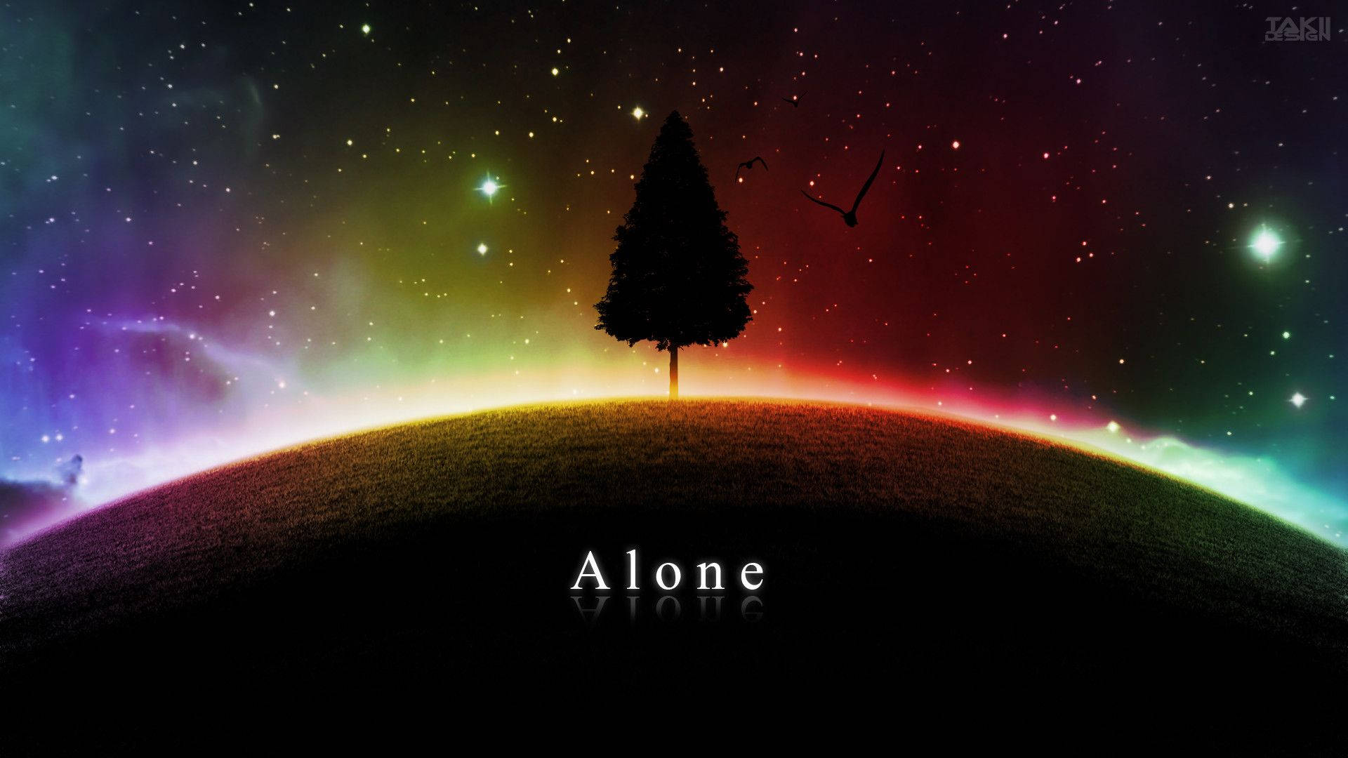 Forever Alone 桌布 壁紙 — 一棵孤樹矗立在彎曲的地平線上，上方是充滿活力的星空，有一隻飛鳥，下方是Alone這個詞。
