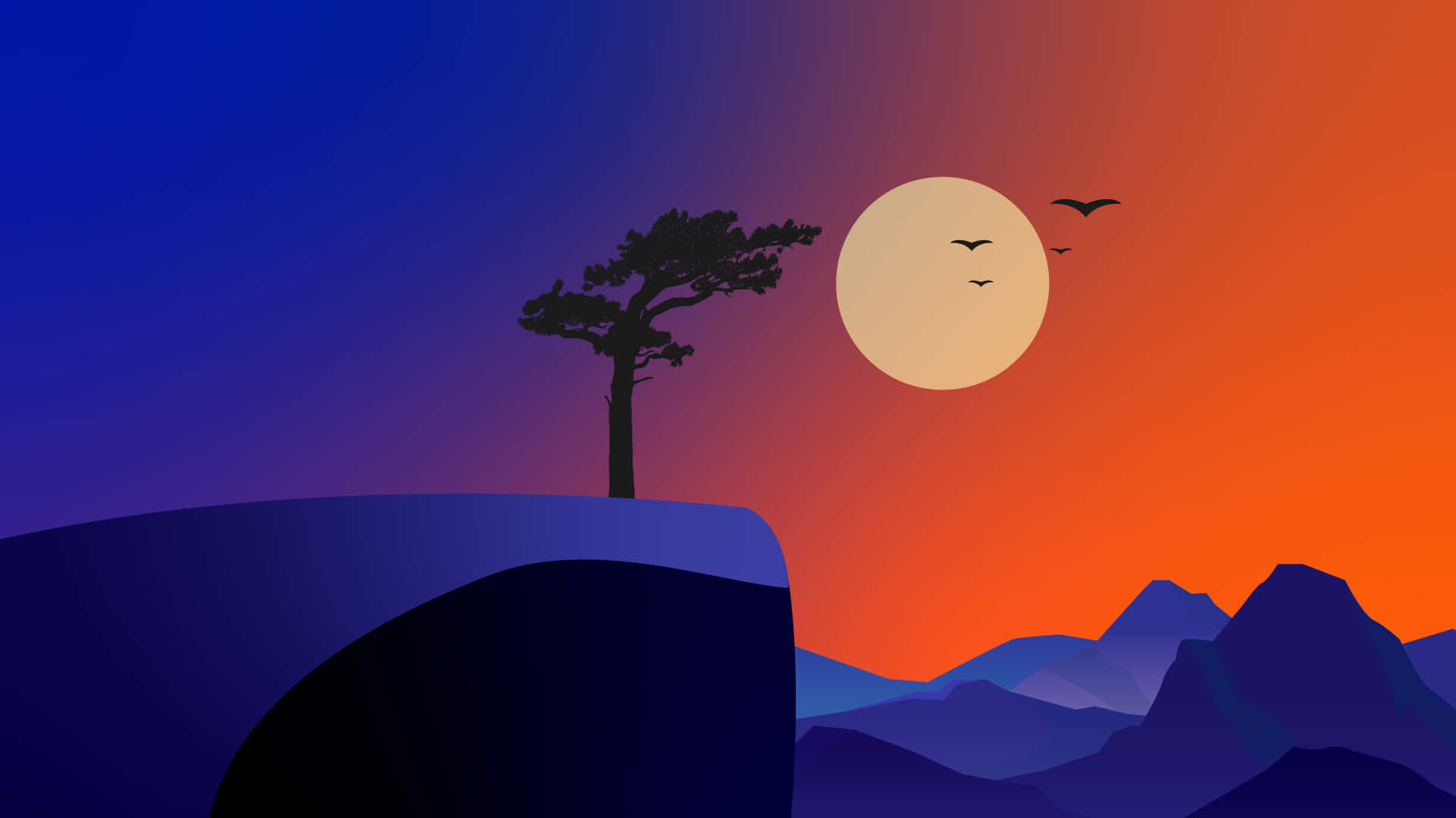google 桌布 壁紙 — 一棵孤樹矗立在懸崖上，夕陽西下，鳥兒飛翔，一輪巨大的發光月亮懸掛在層巒疊嶂之上。