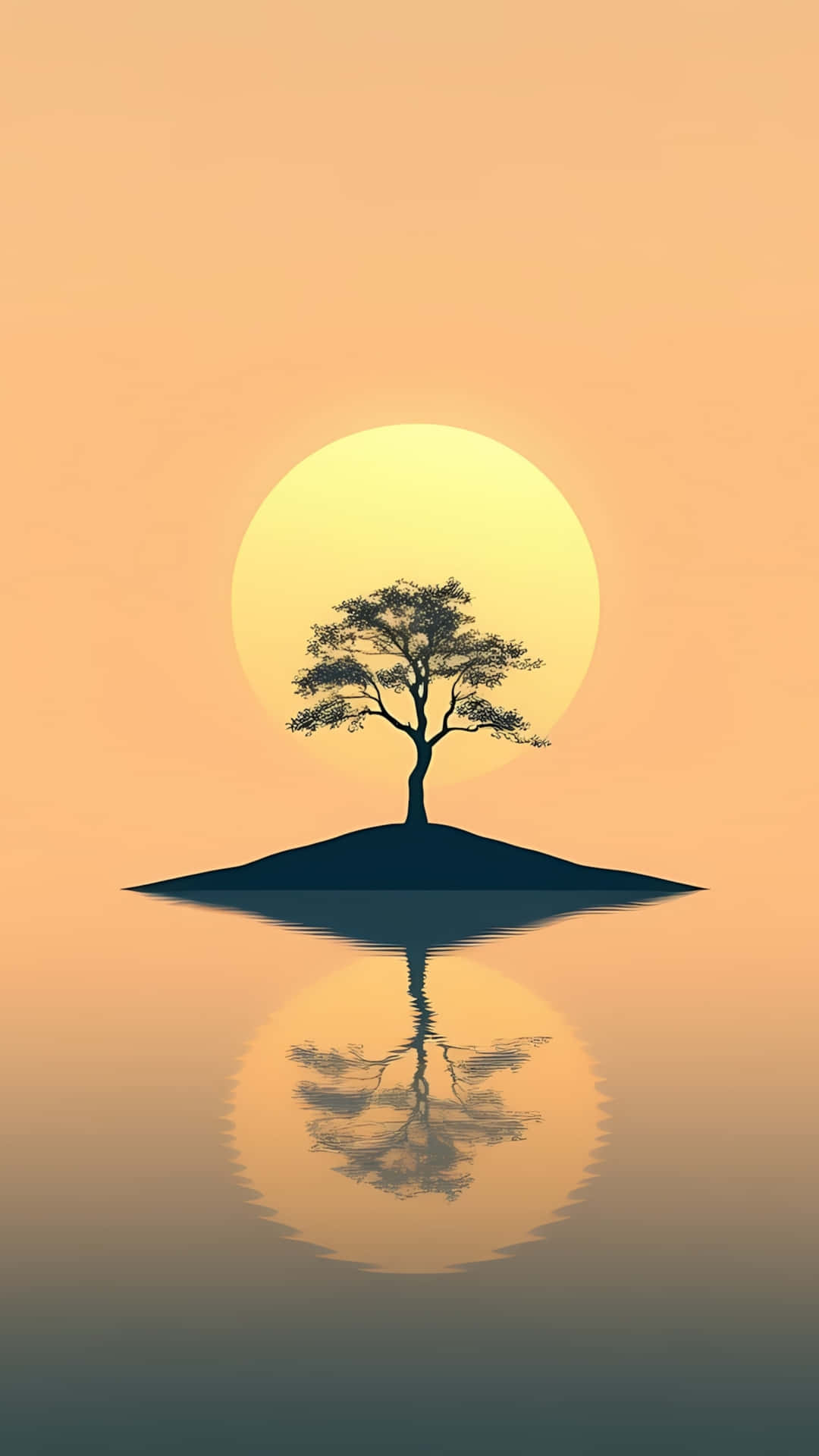 Minimal Tree Silhouette with Sunset Reflection on Calm Water 壁紙 — 一棵孤樹矗立在日落時分的小島上，其輪廓完美地映照在平靜的水面上，下方是發光的太陽。