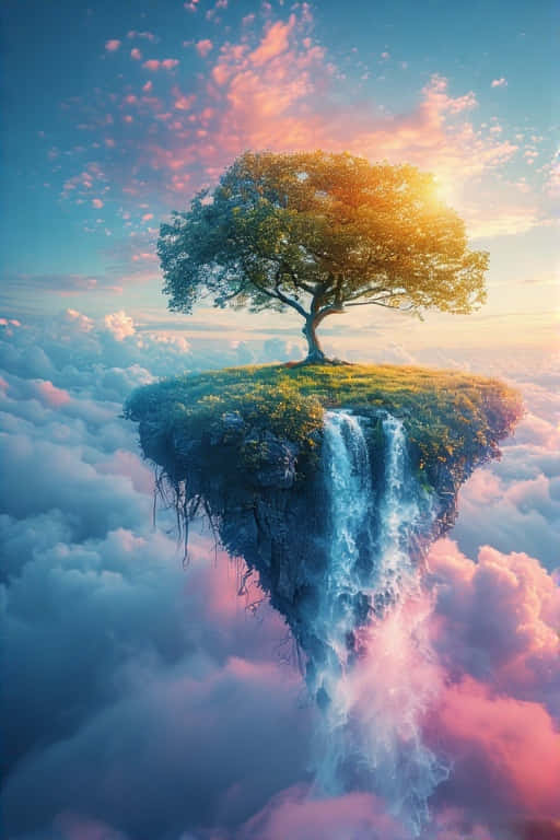 Dreamscape Haven Floating Island with Waterfall & Tree 壁紙 — 一棵孤樹矗立在浮島上，瀑布在夕陽天空下傾瀉入雲層。