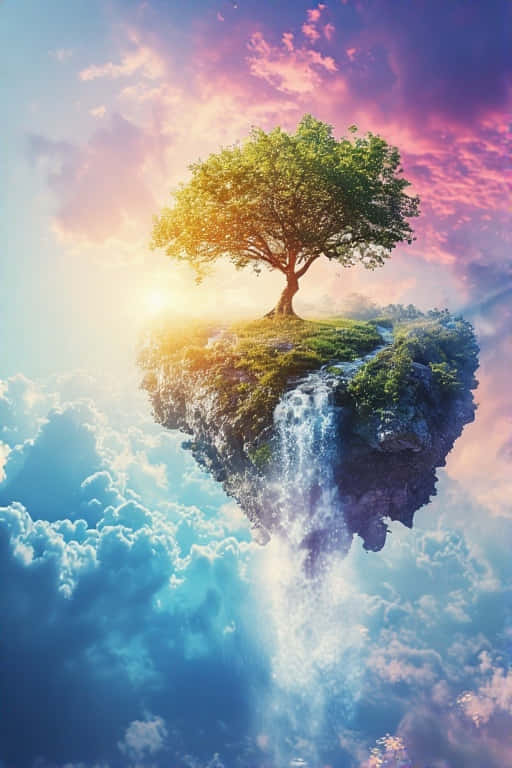 Dreamscape Haven Floating Island with Waterfall & Tree 壁紙 — 一棵孤樹矗立在浮島上，瀑布在夕陽天空下傾瀉入雲層。