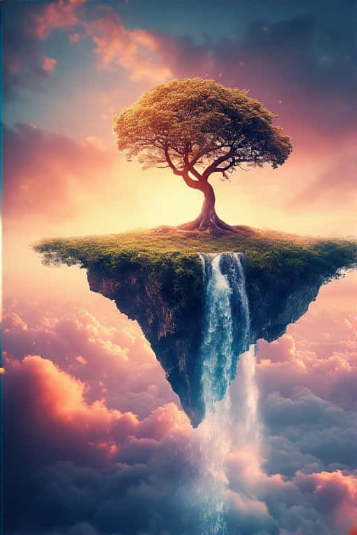 Dreamscape Haven Floating Island with Waterfall & Tree 壁紙 — 一棵孤樹矗立在浮島上，瀑布在日落天空下傾瀉入雲層。
