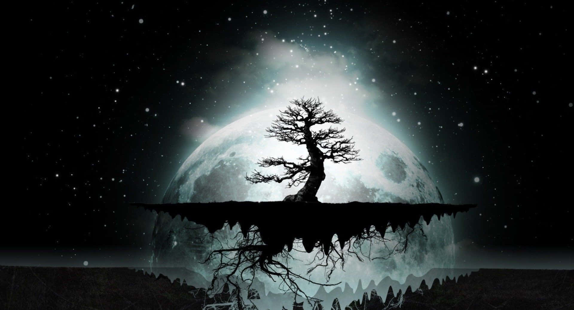 Dark Digital Art 桌布 壁紙 — 一棵孤樹矗立在浮島上，背景是巨大的月亮和滿天星斗的夜空。