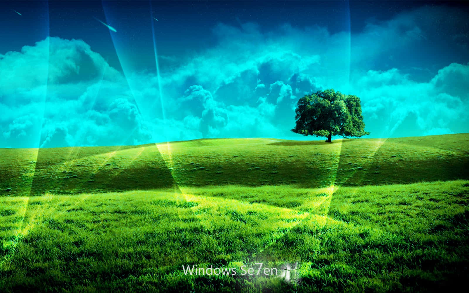 動態桌面 桌布 壁紙 — 一棵孤樹矗立在起伏的綠色山丘上，天空呈現鮮豔的青色，帶有戲劇性的雲層和發光的光線。