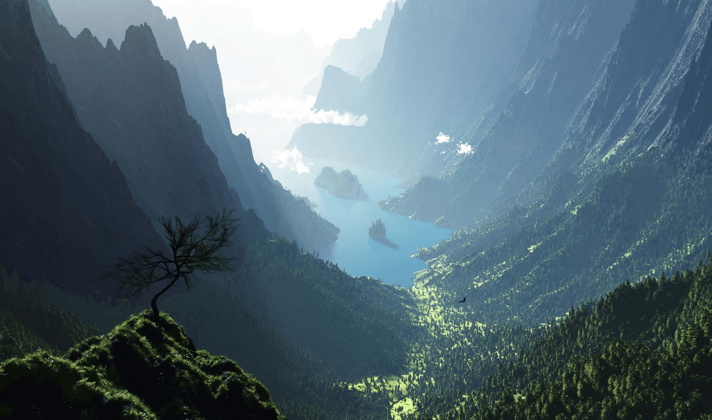 2440x1440 Monitor 桌布 壁紙 — 一棵孤樹矗立在長滿苔蘚的懸崖上，俯瞰著坐落在霧氣瀰漫的山谷中的寧靜藍色湖泊。