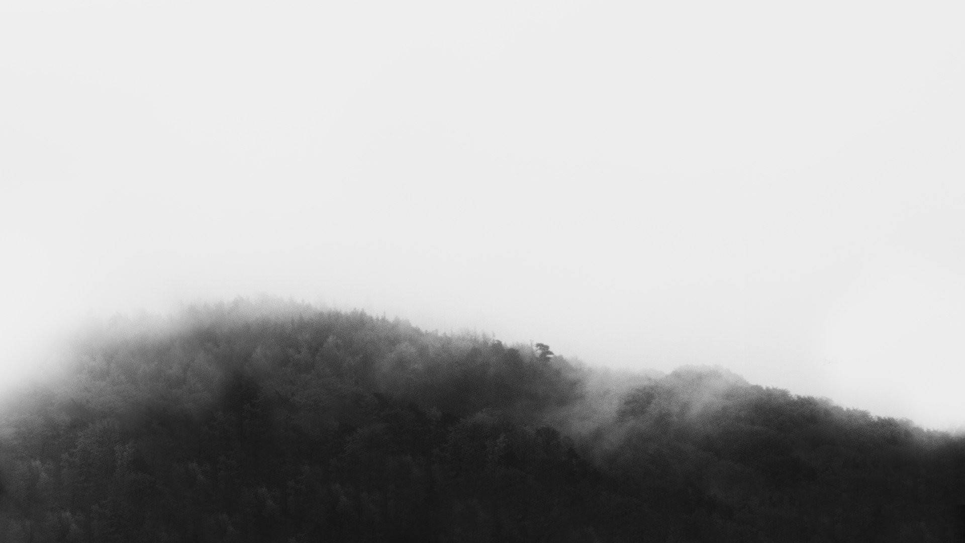 山景 桌布 壁紙 — 一棵孤樹矗立在霧氣繚繞的山脊上，形成鮮明的黑白景觀。
