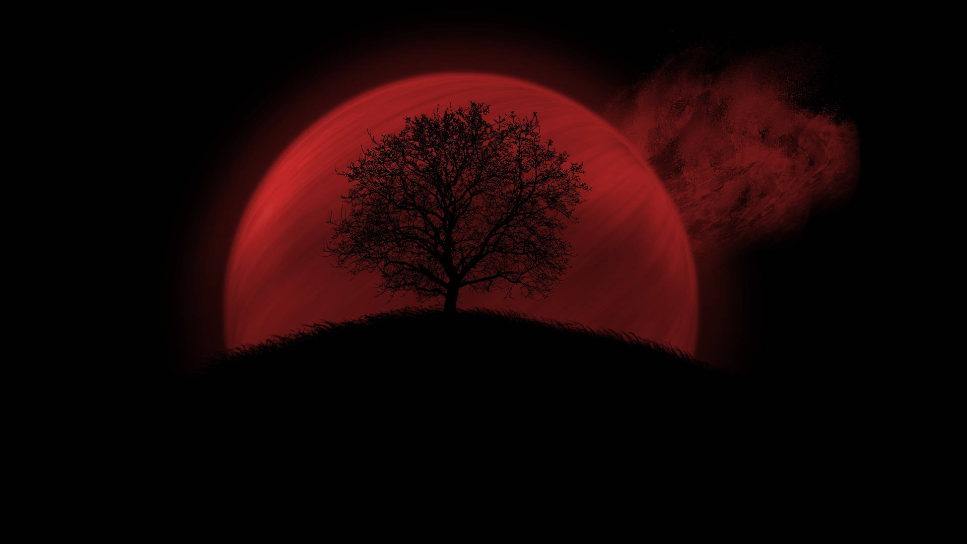 月夜星空 桌布 壁紙 — 一棵孤獨無葉的樹，在黑暗的山坡上，以巨大發光的紅色太陽和旋轉的紅色雲彩為背景，形成剪影。