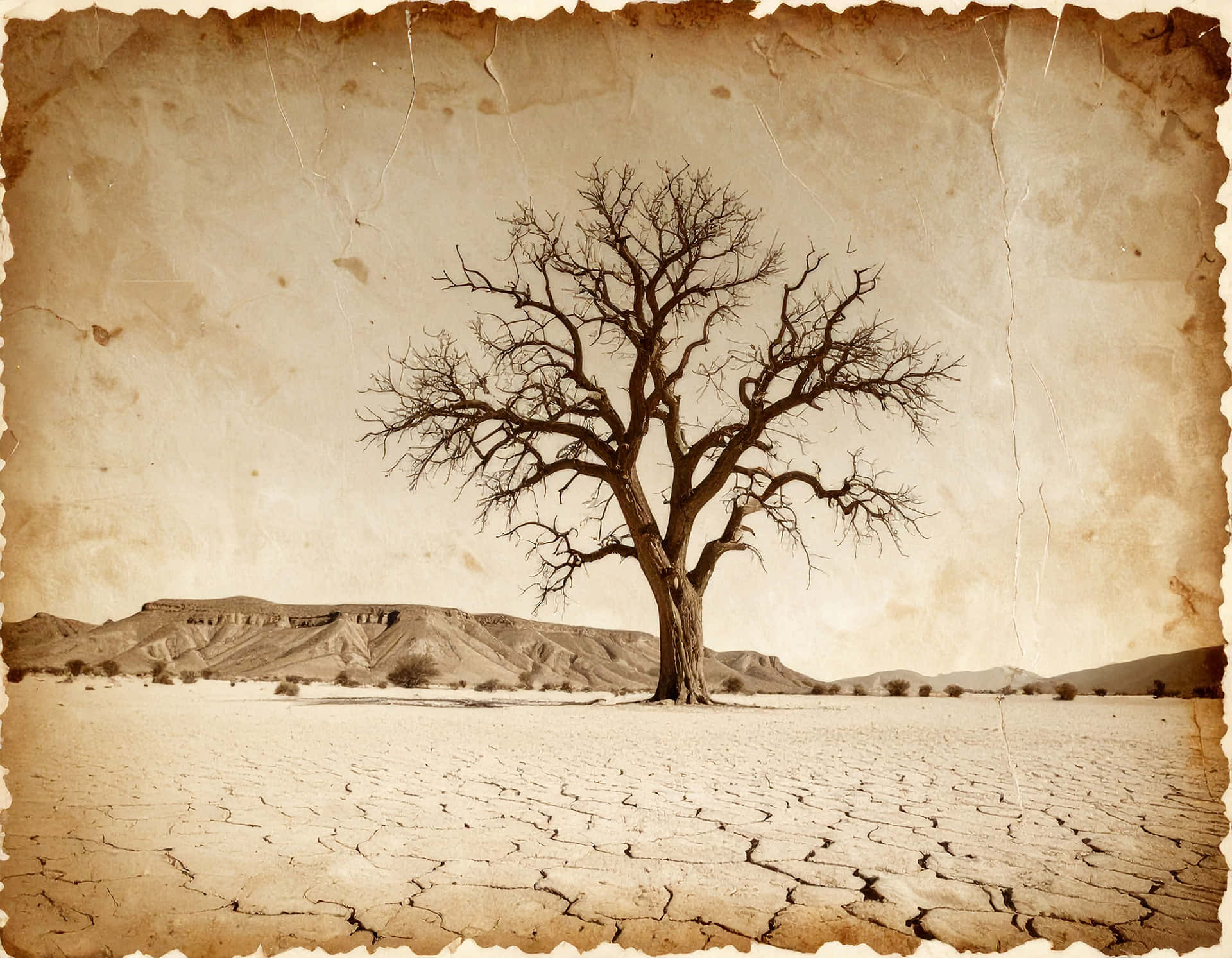Dead Tree 壁紙 — 一棵孤獨無葉的樹在龜裂的沙漠平原上頑強地矗立，天空呈現懷舊的棕褐色調，遠方有山丘。