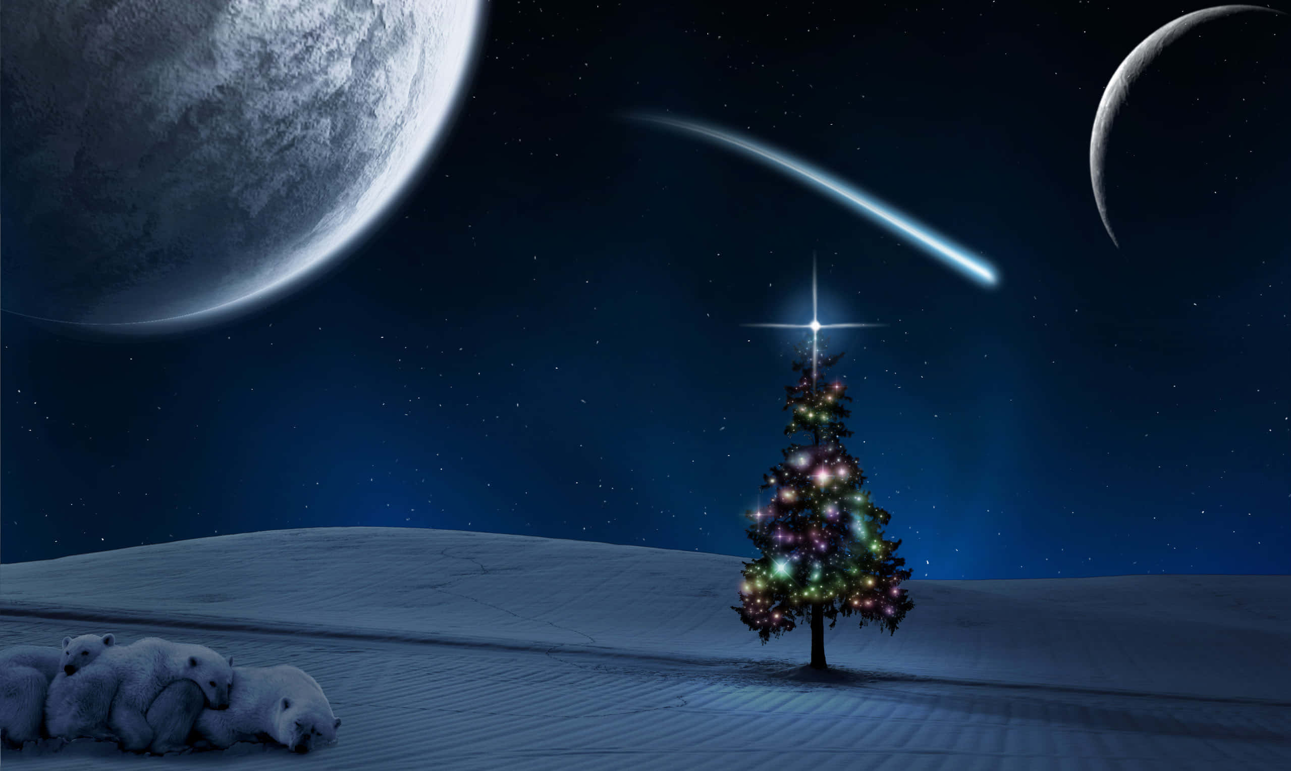 聖誕樹動畫 桌布 壁紙 — 一棵孤獨發光的聖誕樹矗立在雪地外星平原上，星空下有兩個月亮和一顆流星。