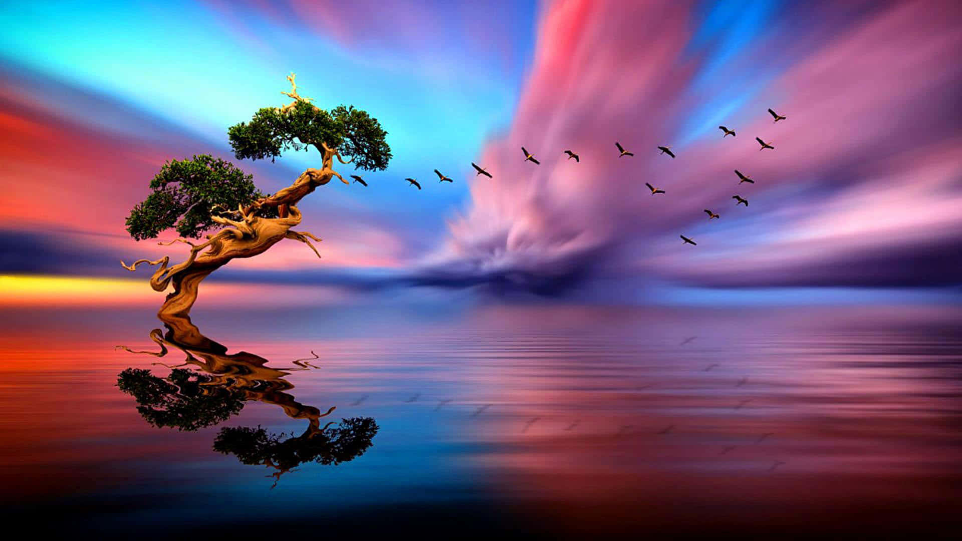 Horizon 桌布 壁紙 — 一棵孤獨的彎曲樹木矗立在平靜的水面上，映照出充滿活力的日落天空，鳥兒成群結隊地飛過色彩斑斕的雲層。