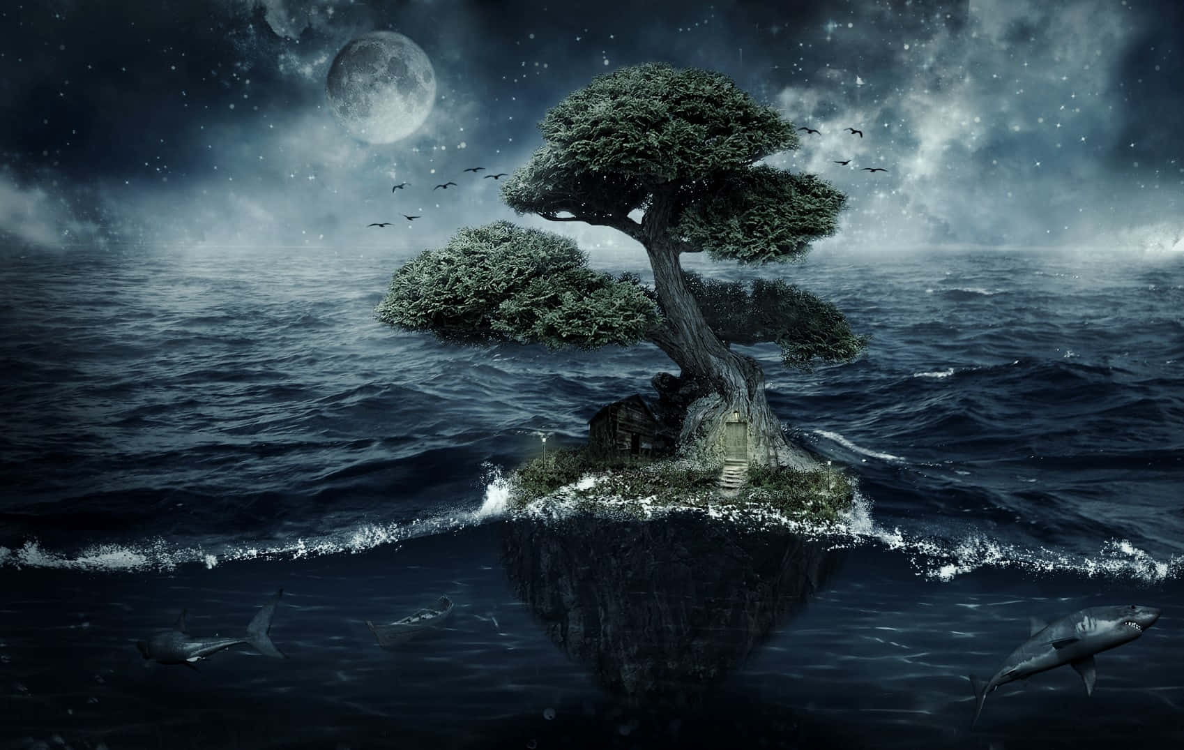 Dark Island 桌布 壁紙 — 一棵孤獨的扭曲樹木矗立在暴風雨海洋中的浮島上，月光照耀的天空下，鯊魚在下方游動。