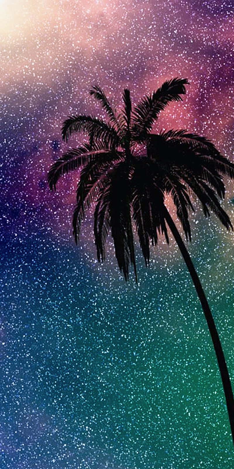Cute Palm Tree 桌布 壁紙 — 一棵孤獨的棕櫚樹剪影，矗立在充滿星星和星雲的鮮豔宇宙天空下，呈現紫色、藍綠色和粉紅色調。