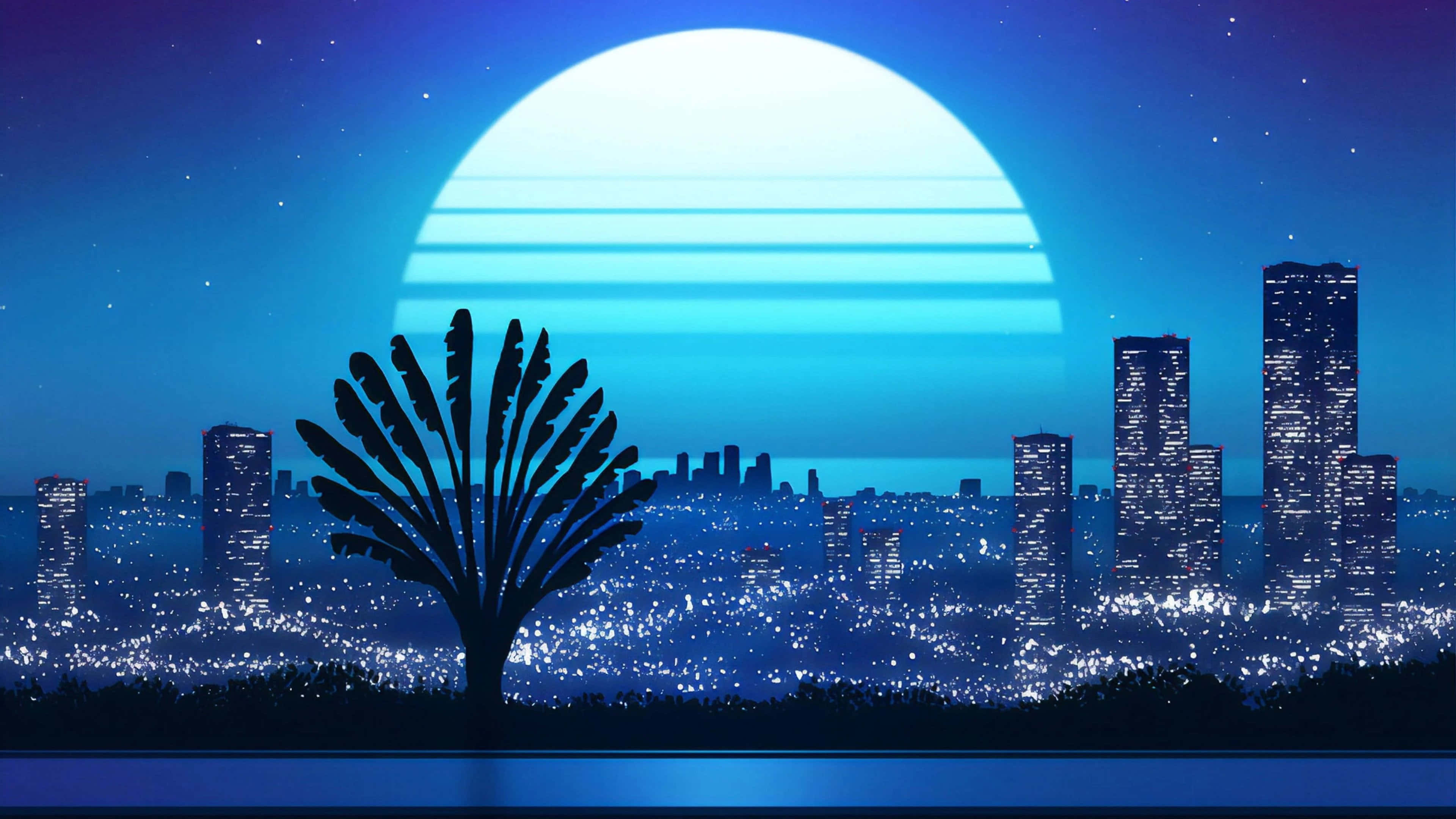 蒸氣波 桌布 壁紙 — 一棵孤獨的棕櫚樹剪影矗立在夜間閃爍的城市天際線上升起的發光藍色月亮前。