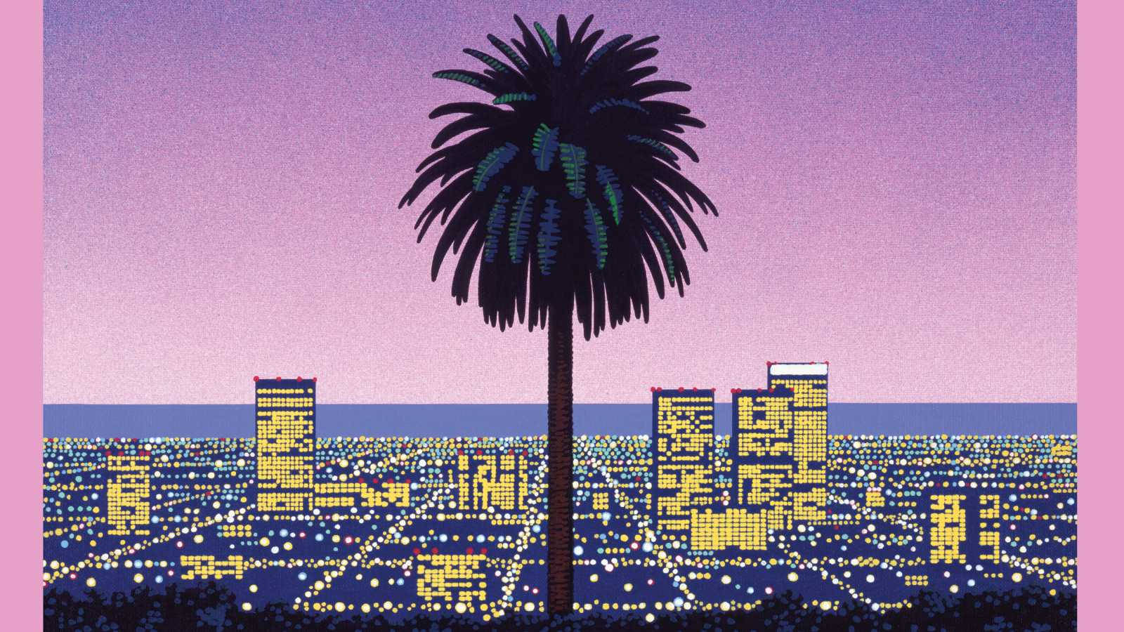 Vaporwave 桌布 壁紙 — 一棵孤獨的棕櫚樹在紫色暮色天空的襯托下形成剪影，下方是發光的像素化城市景觀。