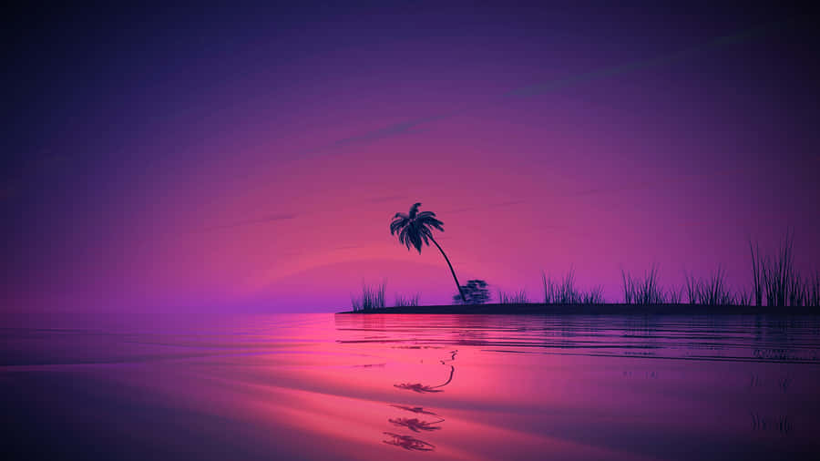 Cool Landscape 桌布 壁紙 — 一棵孤獨的棕櫚樹矗立在小島上，在暮色中，它的剪影映照在平靜的水面上，天空呈現紫色和粉紅色的漸變。