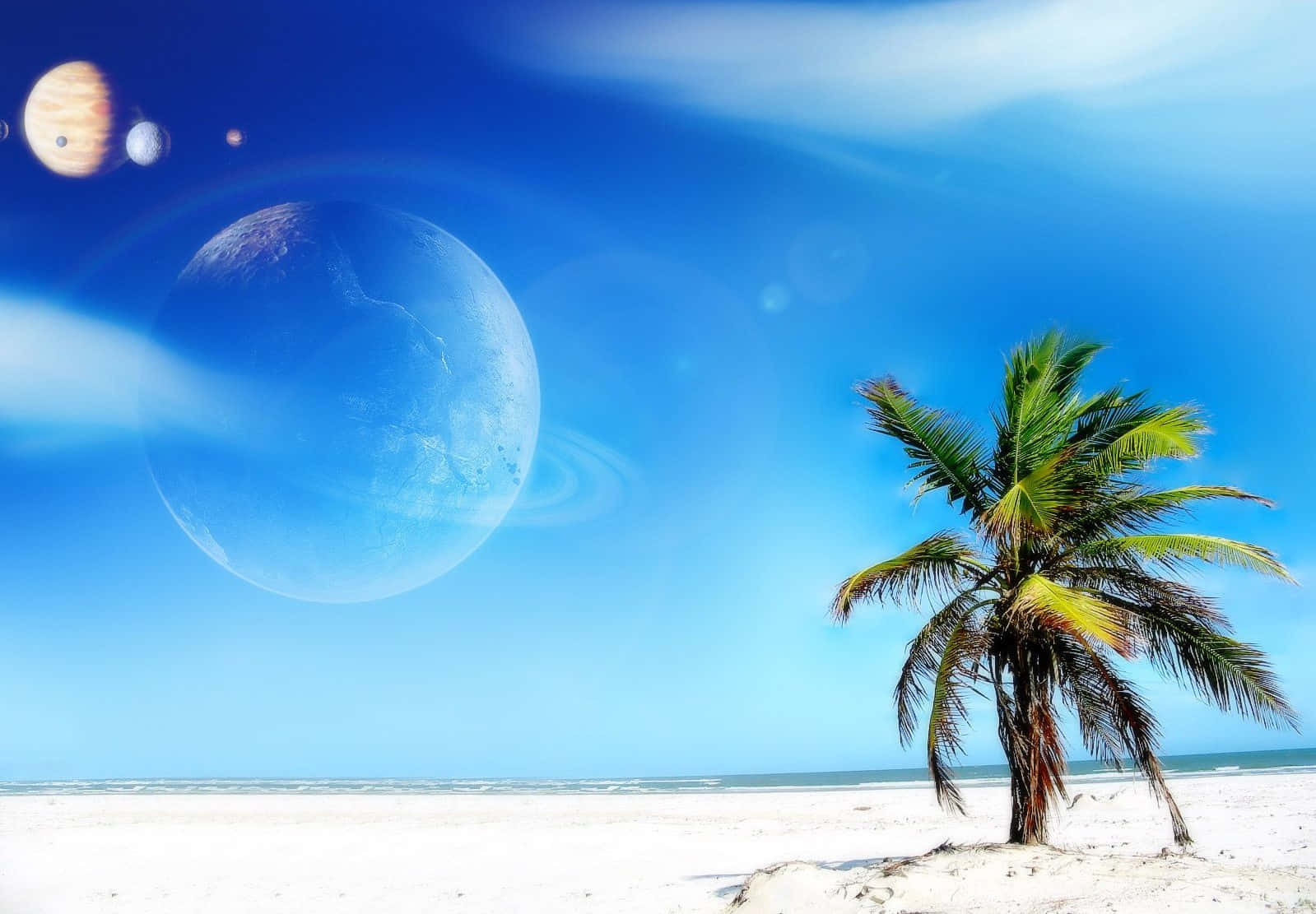 dreamy 桌布 壁紙 — 一棵孤獨的棕櫚樹矗立在白色沙灘上，天空湛藍，漂浮著行星和光環。