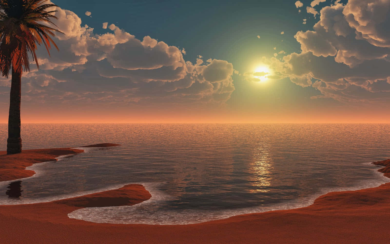 3d Landscape 桌布 壁紙 — 一棵孤獨的棕櫚樹矗立在紅沙灘上，夕陽在戲劇性的雲層下緩緩沉入平靜的海面。