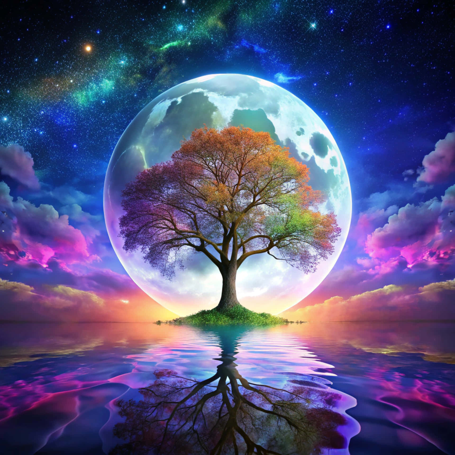 Spooky tree at night 壁紙 — 一棵孤獨的樹，帶有彩虹色的葉子，站在一個小島上，在巨大的月亮下，宇宙般的天空映照在發光的水中。