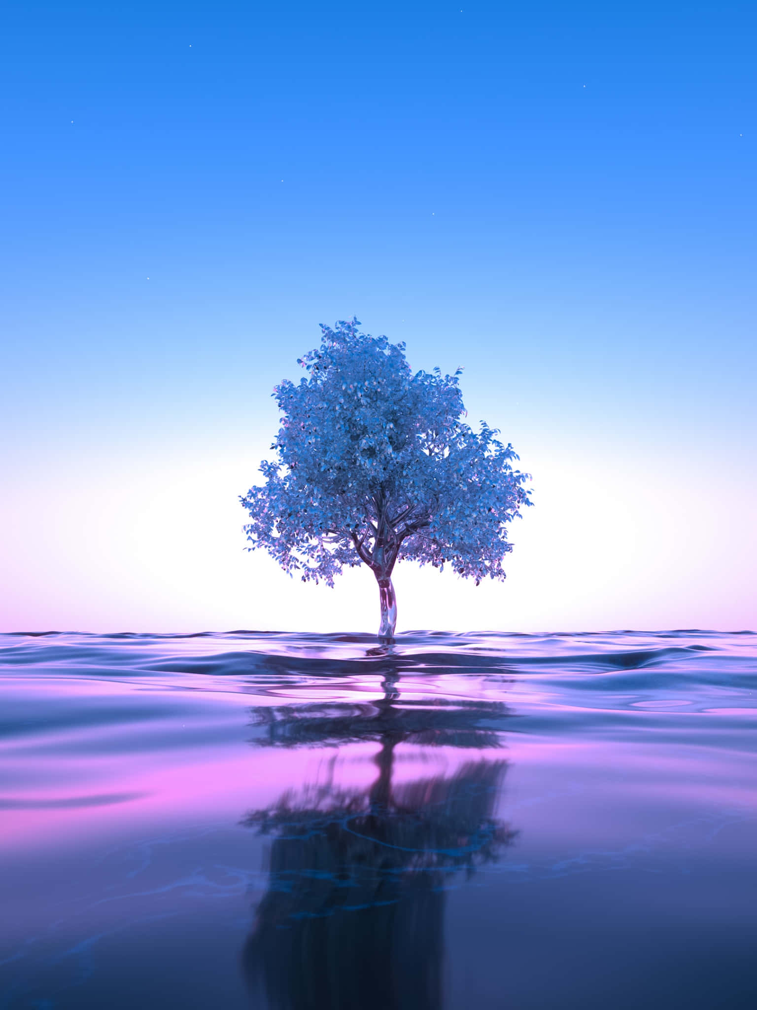 reflection 桌布 壁紙 — 一棵孤獨的樹，帶有發光的藍色葉子，站立在平靜的水中，倒映著紫色和藍色的暮色天空。