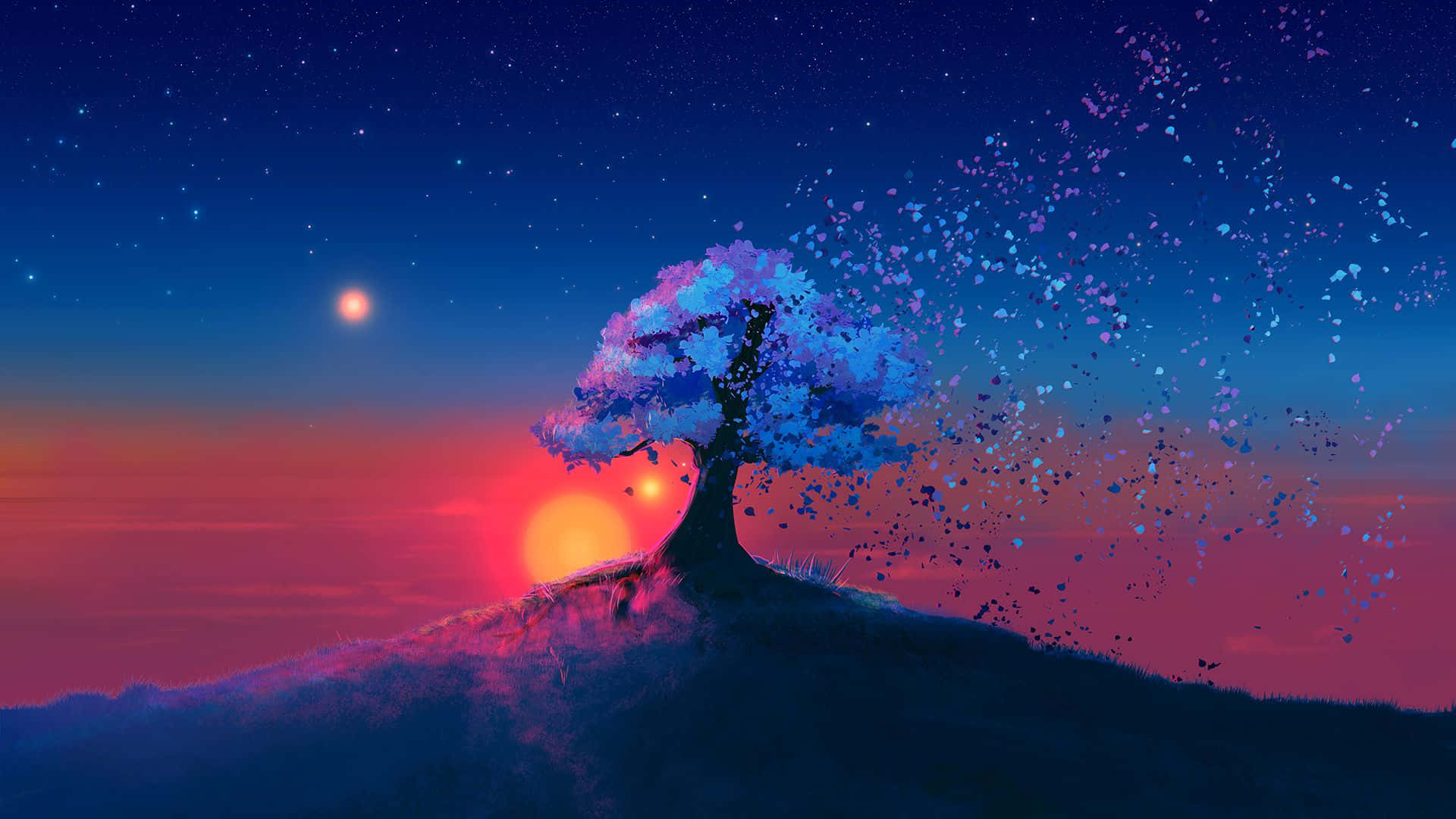 1920X1080 桌布 壁紙 — 一棵孤獨的樹，帶有發光的藍色葉子，站在山頂上，鮮豔的日落融入繁星點點的夜空。