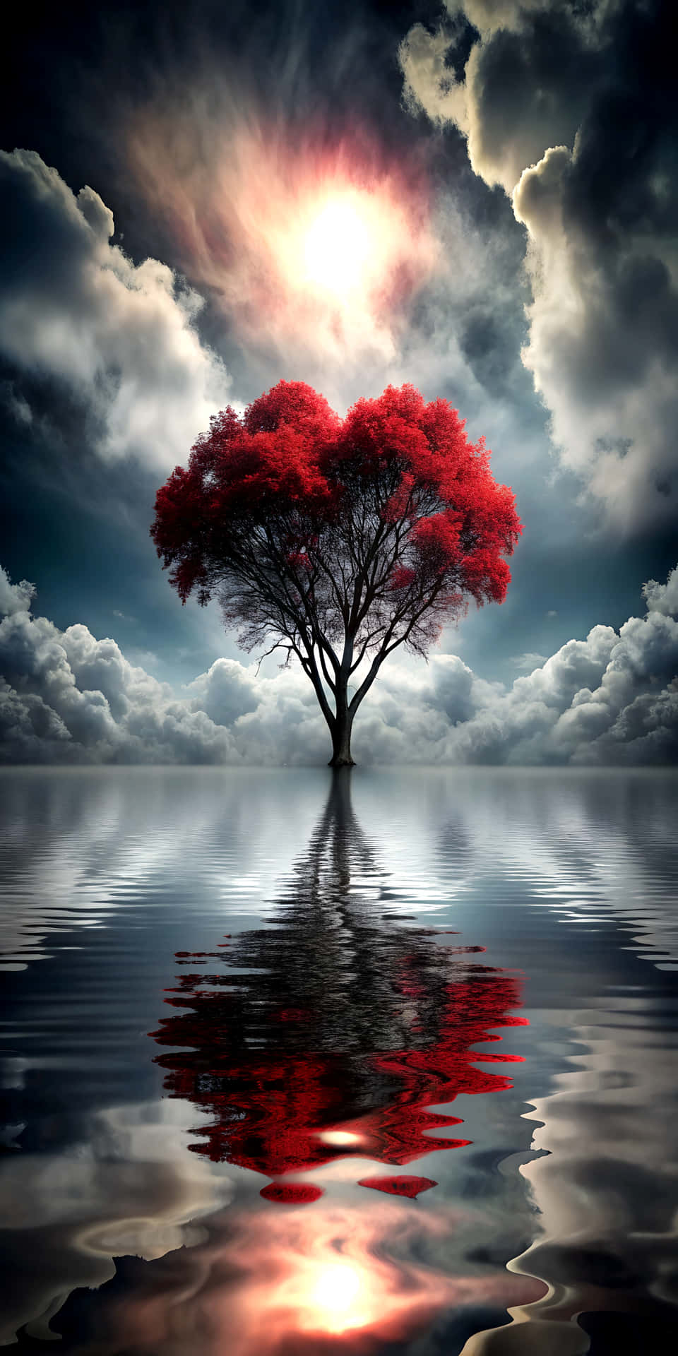 Aesthetic Heart-Shaped Tree with Soft Red Glowing Branches and Black Cloud in Cinematic Black 壁紙 — 一棵孤獨的樹，帶有鮮豔的紅葉，站在平靜的水中，反射出戲劇性的天空，一輪燦爛的太陽穿過烏雲。