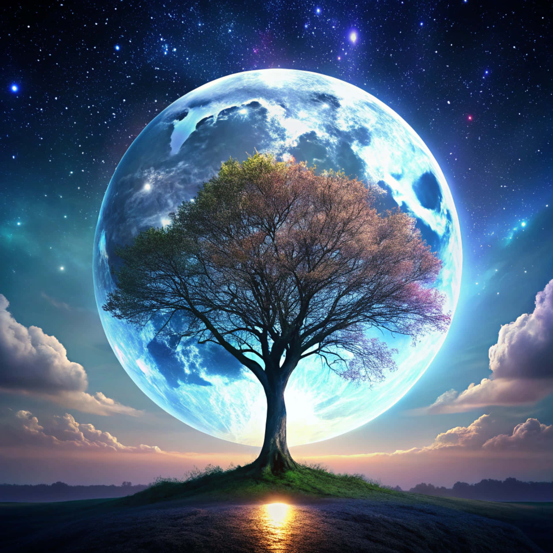 Tree and moon 壁紙 — 一棵孤獨的樹，帶著秋葉，生長在長滿草的小丘上，下方是一顆巨大的發光藍色行星，背景是星光閃爍的暮色天空。