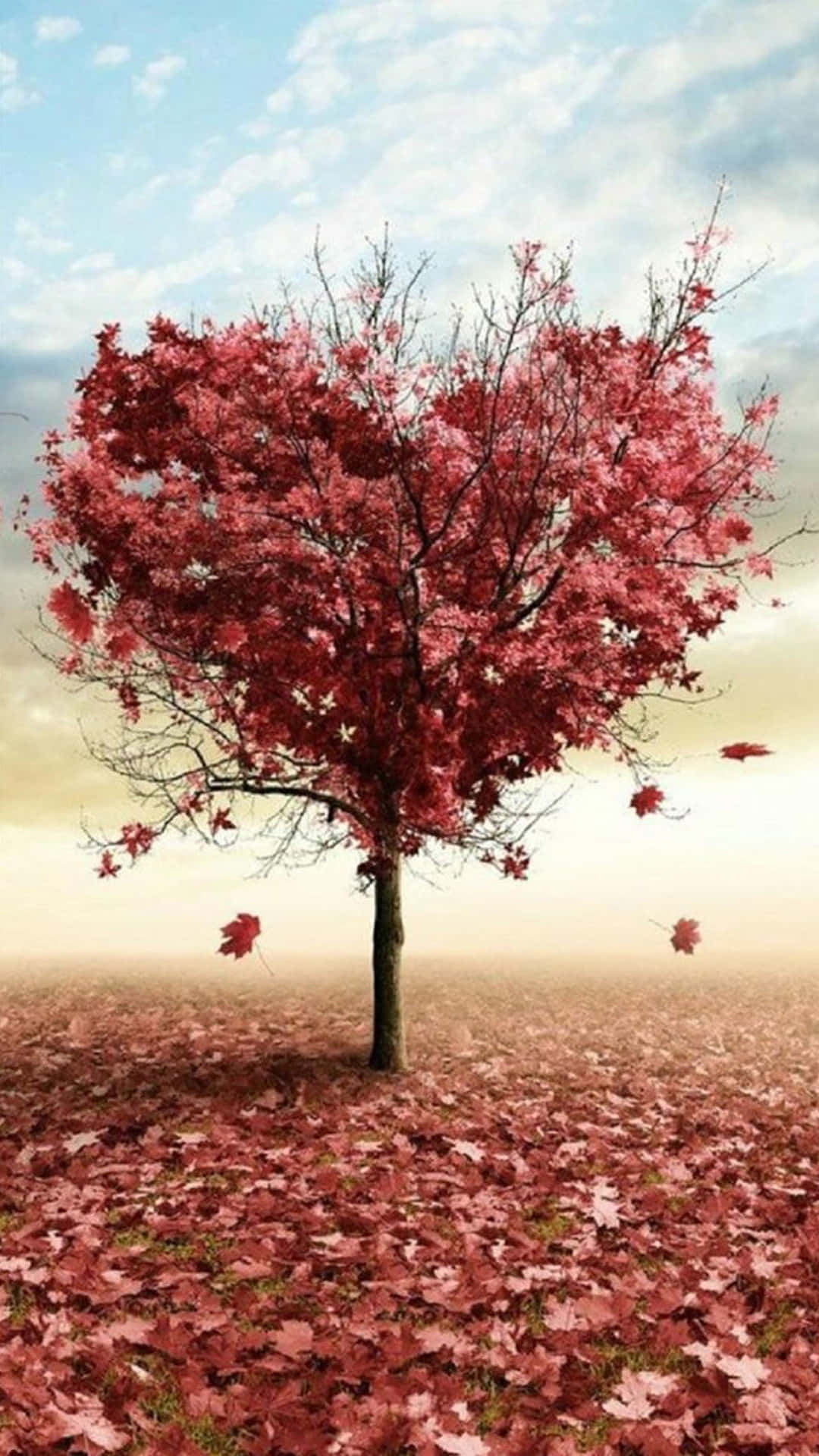 Cute Autumn iPhone 桌布 壁紙 — 一棵孤獨的樹，樹冠呈心形，長滿紅葉，矗立在鋪滿落葉的田野上，天空柔和。