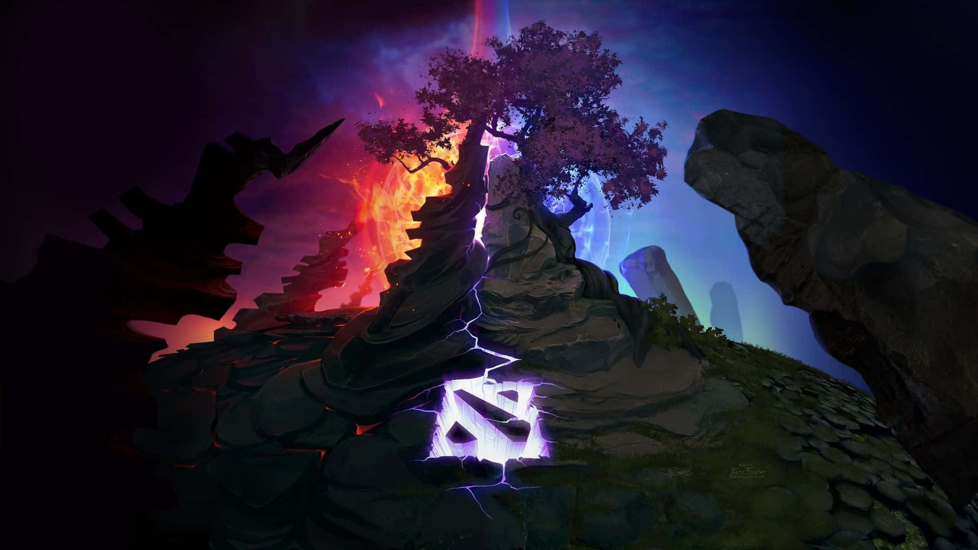 HD Dota 2 桌布 壁紙 — 一棵孤獨的樹，葉子呈紫色，矗立在岩石露頭上，閃電擊中下方一個發光的符號，背景是熾熱而電光四射的天空。