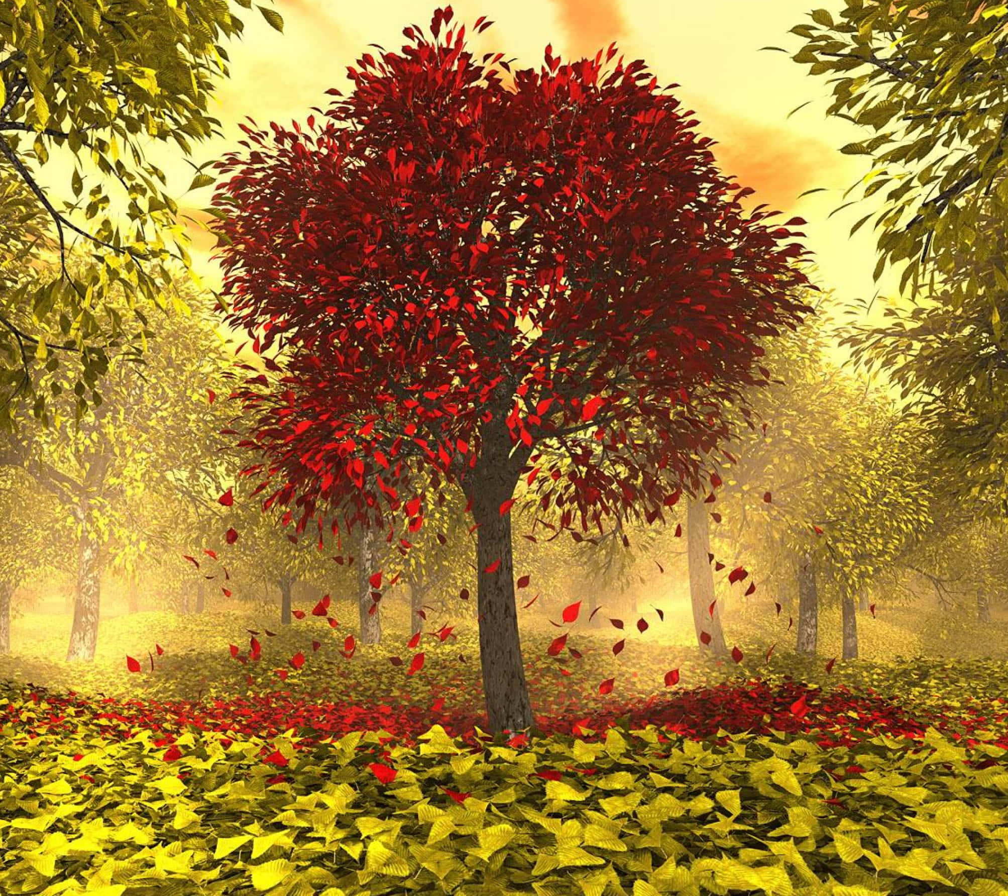 Autumnal Equinox 桌布 壁紙 — 一棵孤獨的樹，長滿鮮紅色的葉子，矗立在金色的秋林中，落葉飄落在樹根周圍。