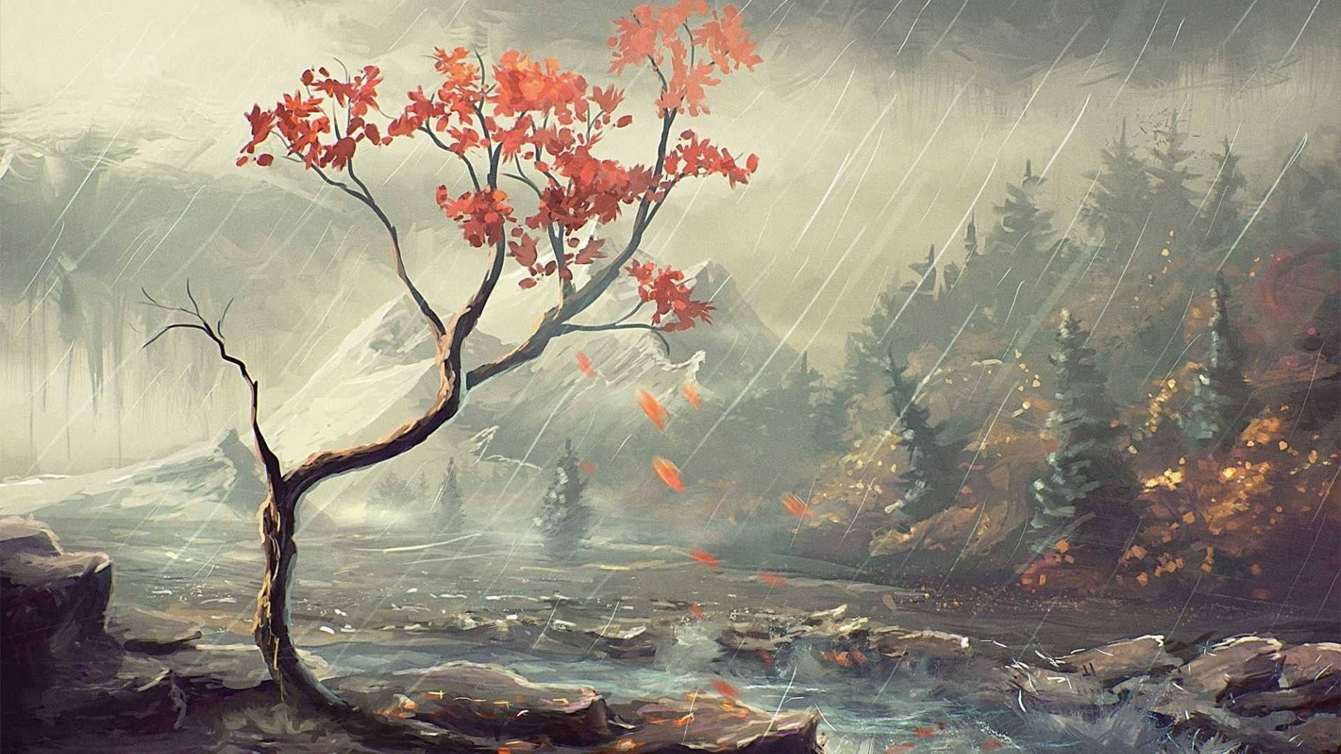 森林 桌布 壁紙 — 一棵孤獨的樹，長著火紅的葉子，在雨打風吹的森林中堅韌地挺立，秋風吹散它飄落的葉子。