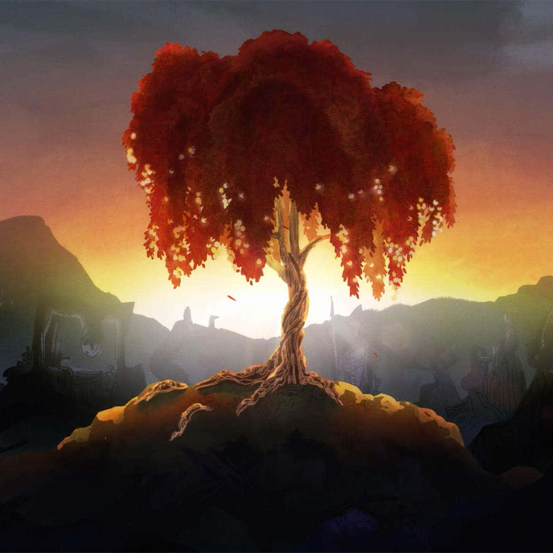 Tree Of Life 桌布 壁紙 — 一棵孤獨的樹，長著火紅的葉子，矗立在岩石露頭上，映襯著輝煌的日落天空和遠山。